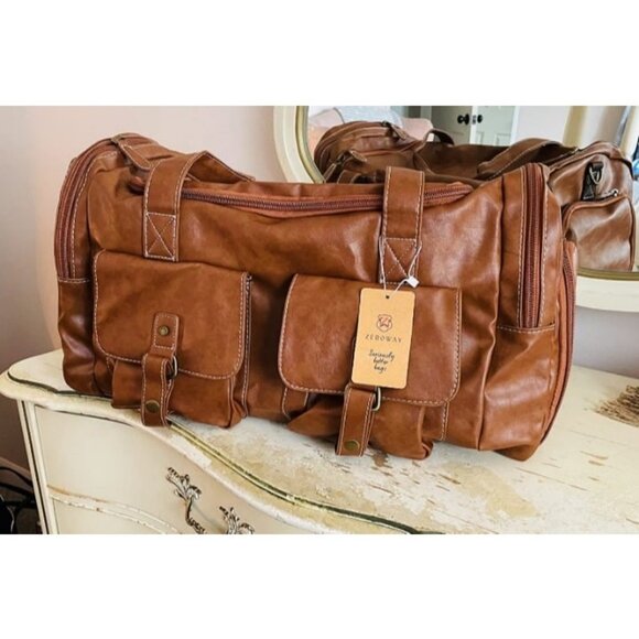 PU Leather Travel Duffel Bag with Shoe Pouch Large Carry on Bag Waterproof - Picture 1 of 2